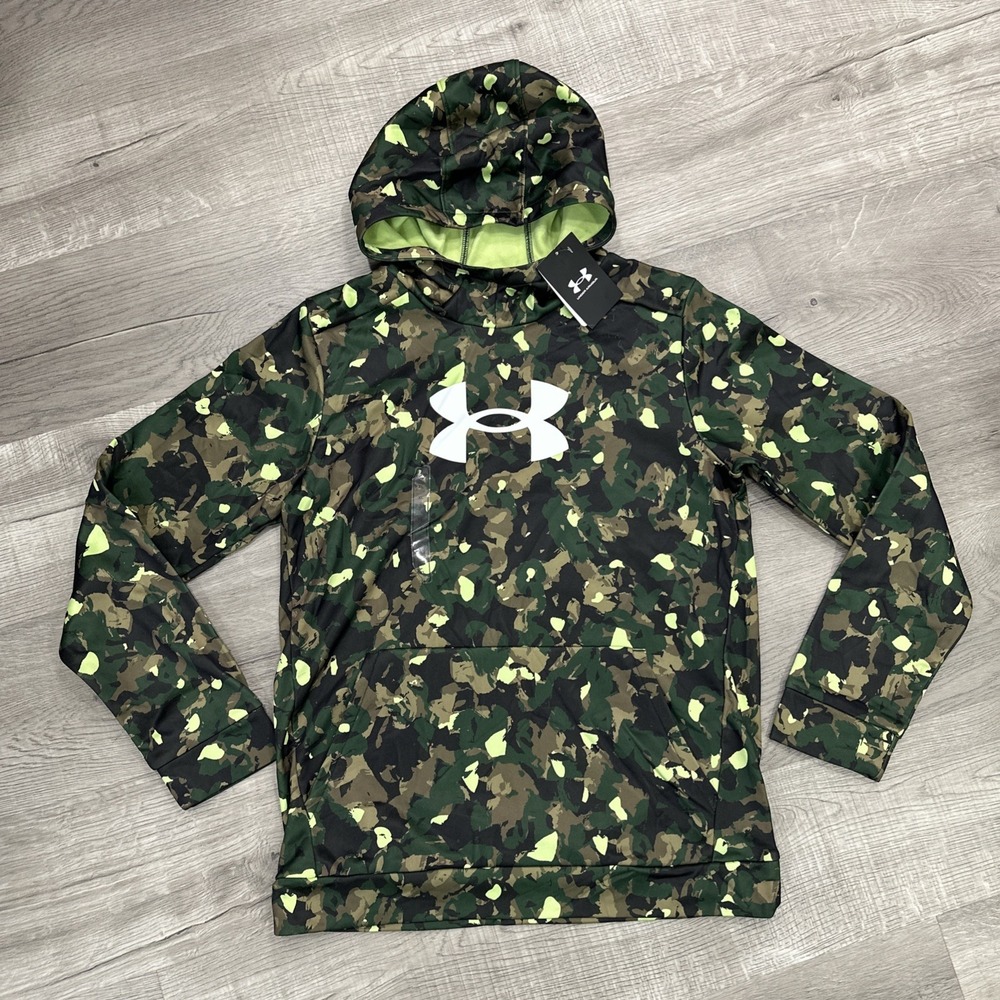 Under Armour Green Camo Pullover Hoodie Logo Boys Size XL Loose Fit NWT Fleece